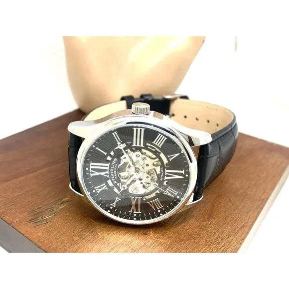 Stuhrling Mens Watch 3942 Automatic Skeleton Dial Silver Black Leather Band 42mm